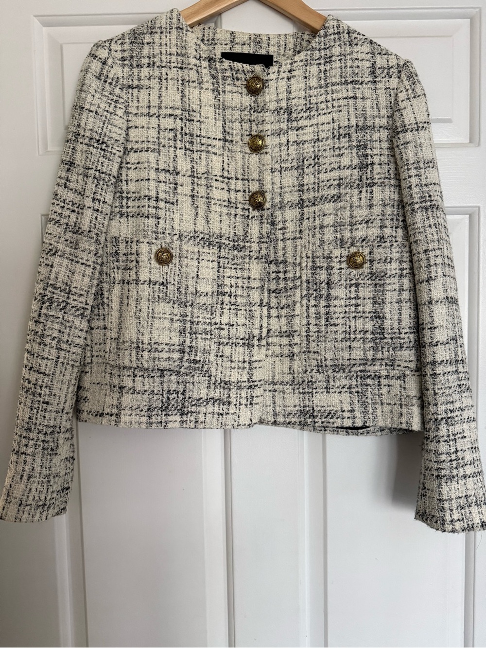 Massimo Dutti Cream and Black Tweed Blazer with Gold Buttons - Picture 2 of 4